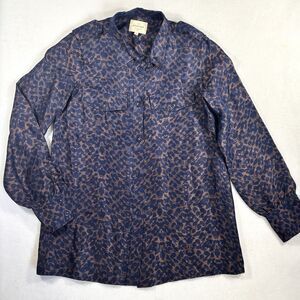 Sezane Button Up Shirt Leopard Print Blouse Blue On Gold Sheen